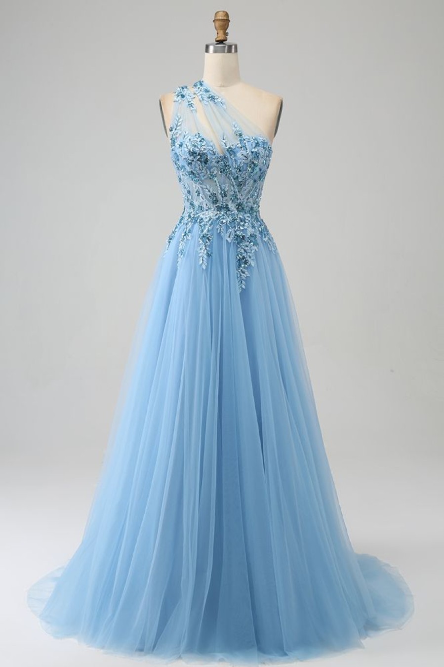 Homrain A Line Long Corset Prom Dress With Appliques | Blue Prom Dresses