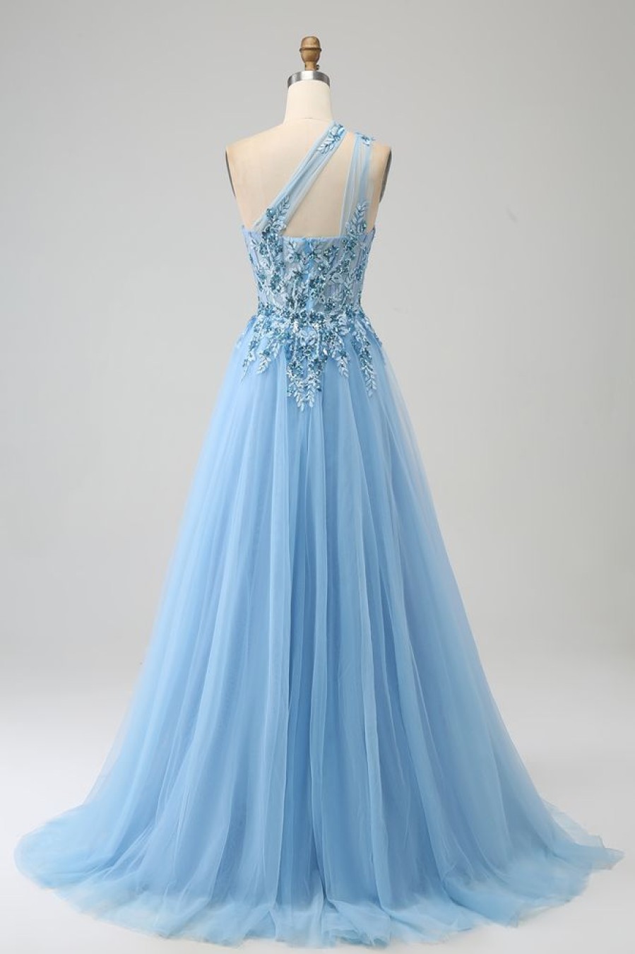 Homrain A Line Long Corset Prom Dress With Appliques | Blue Prom Dresses