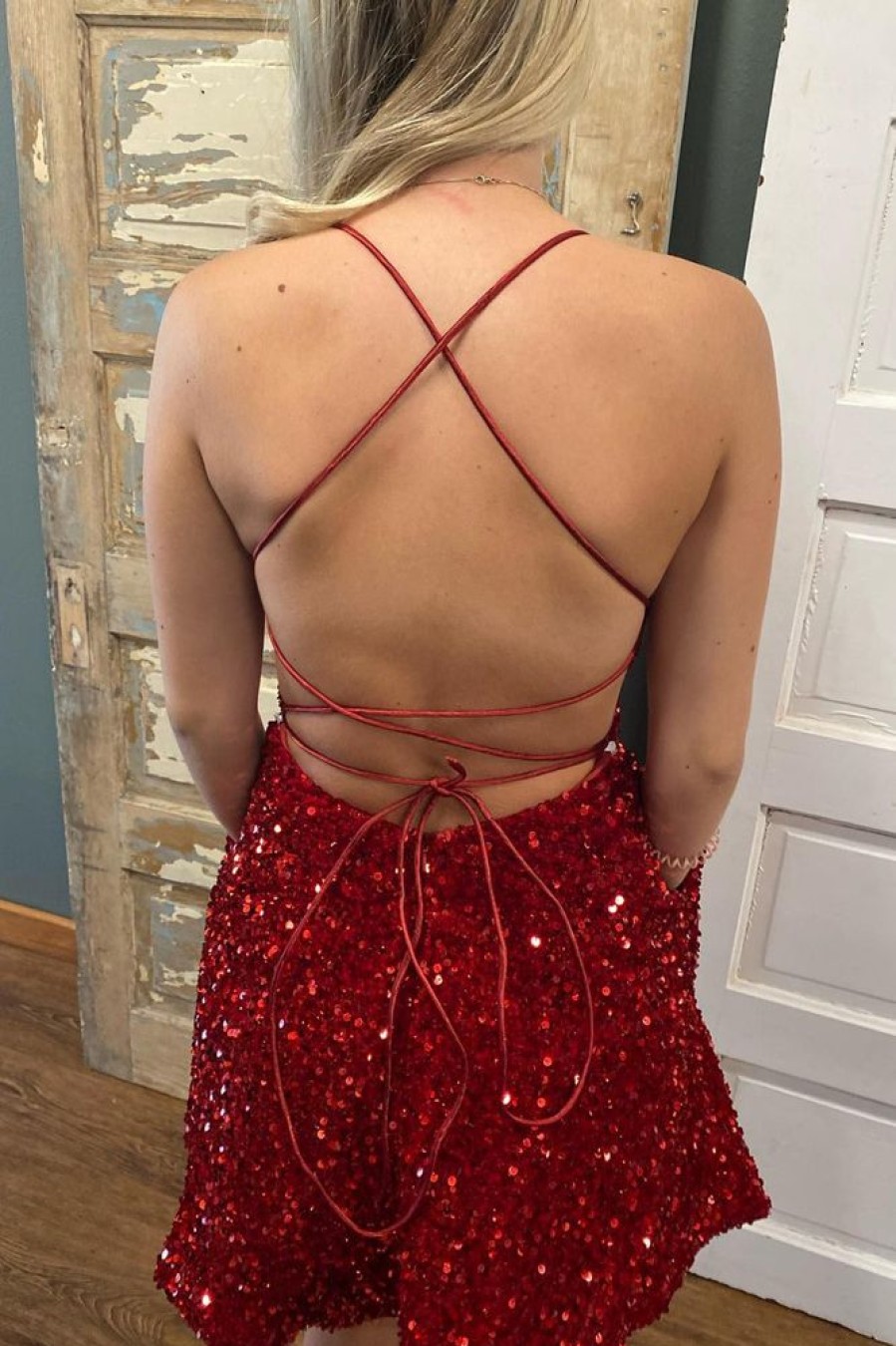 Homrain Sparkly A-Line Backless Short Hoco Dress With Pockets | Red Hoco Dresses