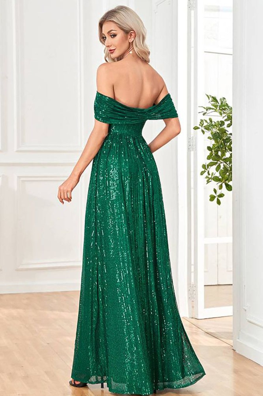 Homrain Glitter Sheath Long Sequined Prom Dress With Slit | Green Prom Dresses