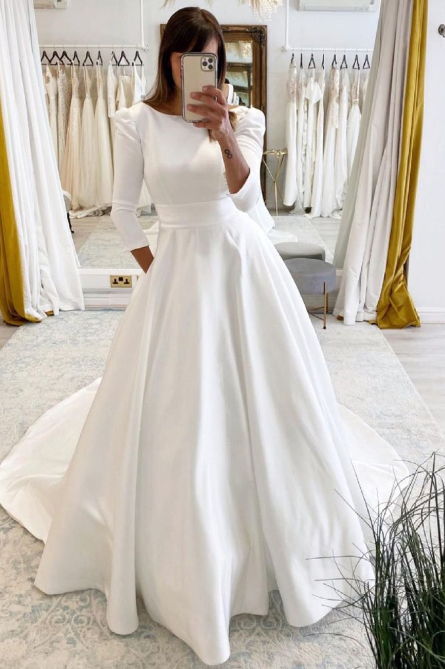 Homrain Vintage A-Line Long Satin Wedding Dress With Pockets | Simple Wedding Dresses