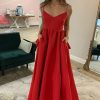 Homrain A Line Spaghetti Straps Long Prom Dress With Pockets | Red Prom Dresses