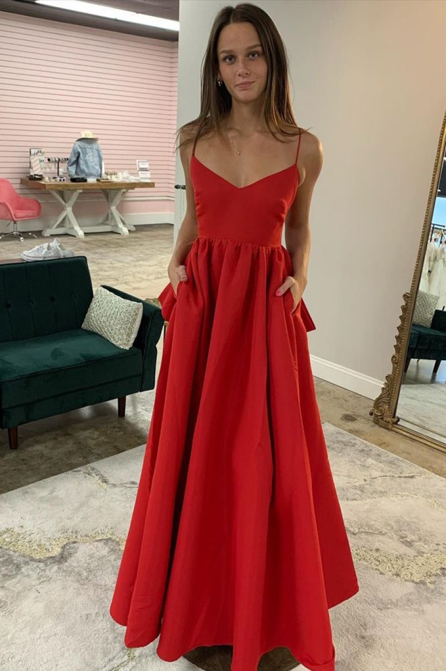 Homrain A Line Spaghetti Straps Long Prom Dress With Pockets | Red Prom Dresses