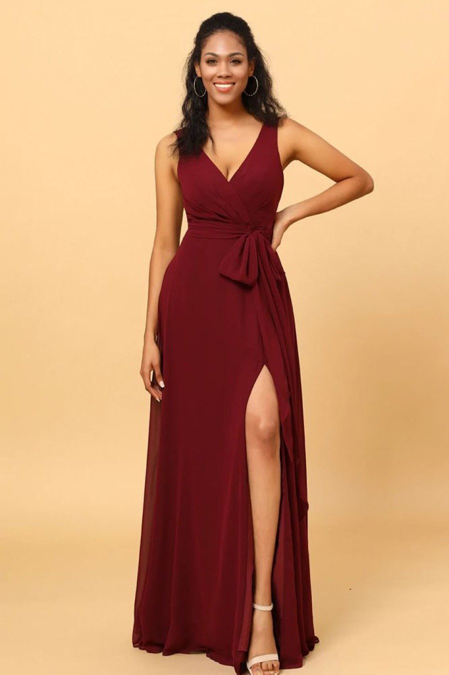 Homrain Burgundy Wrap Chiffon Bridesmaid Dress With Slit | Bridesmaid Dress Under 100