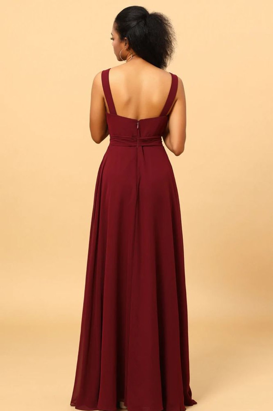 Homrain Burgundy Wrap Chiffon Bridesmaid Dress With Slit | Bridesmaid Dress Under 100