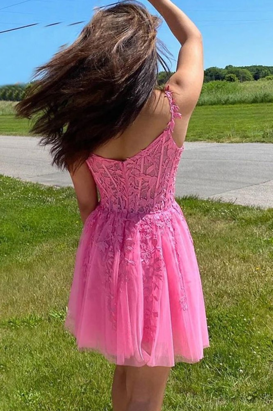 Homrain Backless Short Cocktail Dress With Appliques | Hot Pink Hoco Dresses