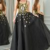 Homrain Sequins A Line Long Corset Mirror Prom Dress | Black Prom Dresses