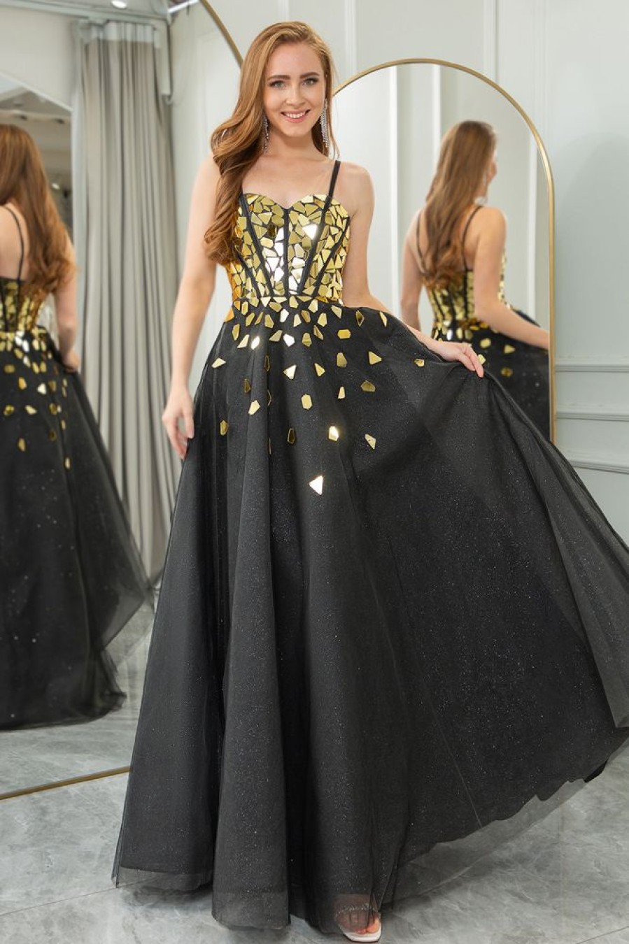 Homrain Sequins A Line Long Corset Mirror Prom Dress | Black Prom Dresses