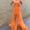 Homrain Sheath Corset Long Prom Dress With Appliques | Orange Prom Dresses