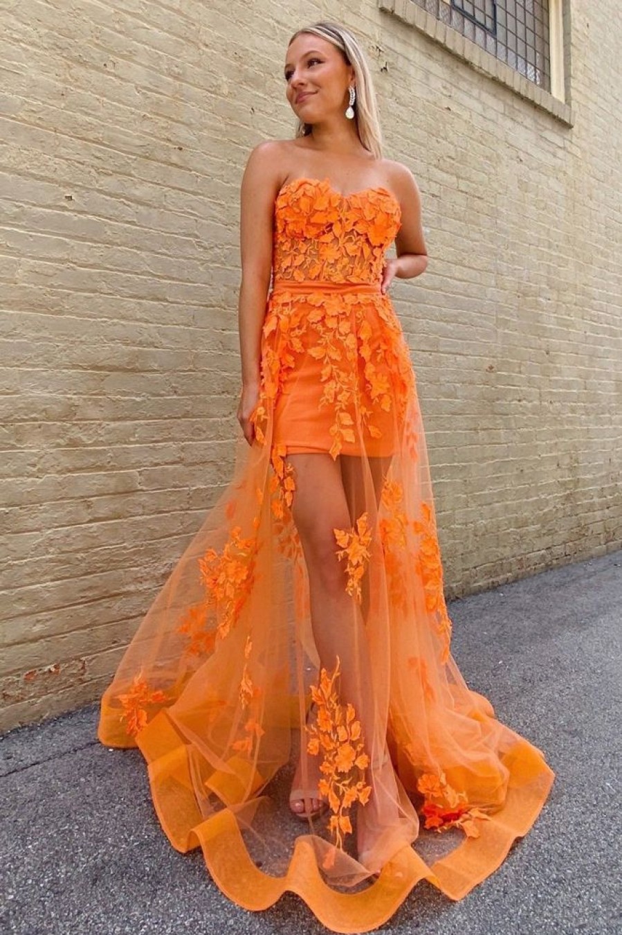 Homrain Sheath Corset Long Prom Dress With Appliques | Orange Prom Dresses