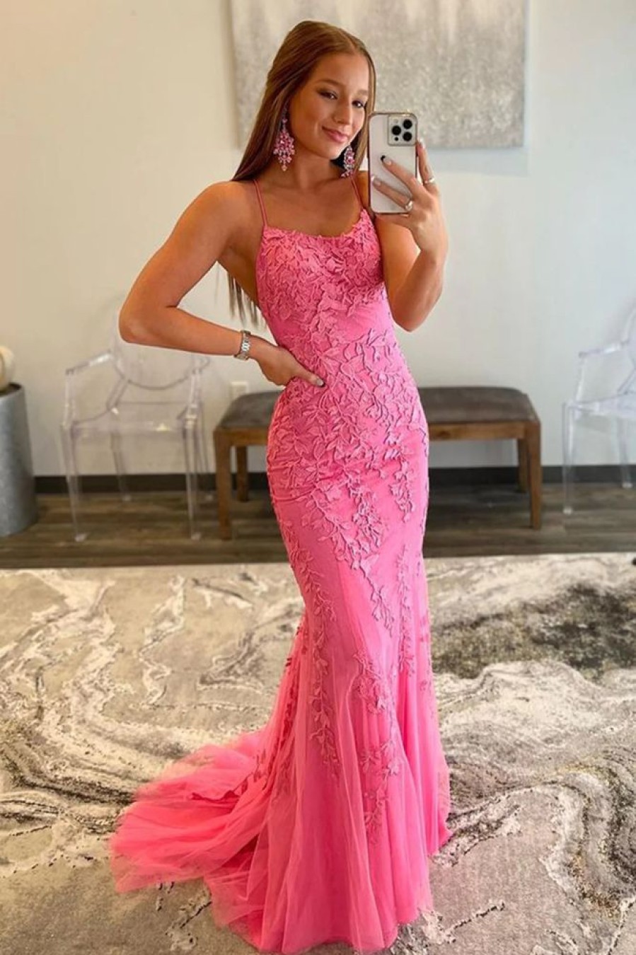 Homrain Spaghetti Straps Appliques Prom Dress | Hot Pink Prom Dresses