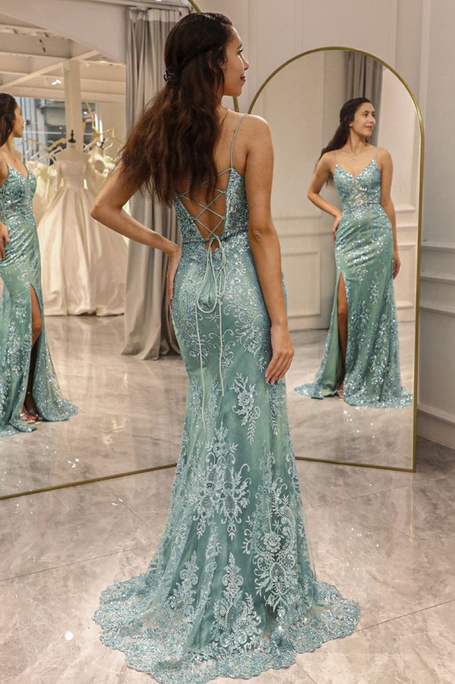 Homrain Mermaid Long Prom Dress With Slit | Green Prom Dresses