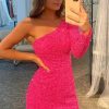 Homrain Sequins Homecoming Dress With Sleeves | Hot Pink Prom Dresses