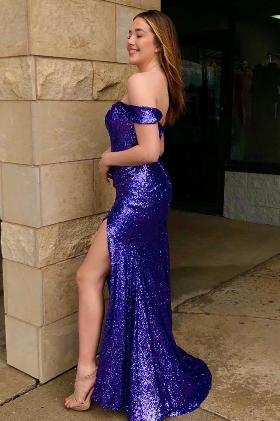 Homrain Sparkly Off The Shoulder Mermaid Prom Dress With Slit | Purple Prom Dresses