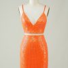 Homrain Two Piece Sequins Tight Homecoming Dress | Orange Hoco Dresses