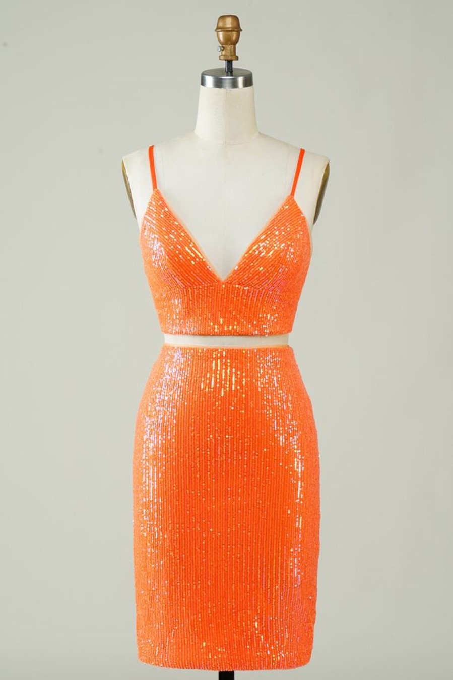 Homrain Two Piece Sequins Tight Homecoming Dress | Orange Hoco Dresses