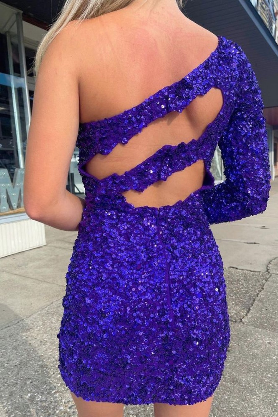 Homrain Purple Cut Out Open Back One Shoulder Sequins Homecoming Dress | Purple Hoco Dresses