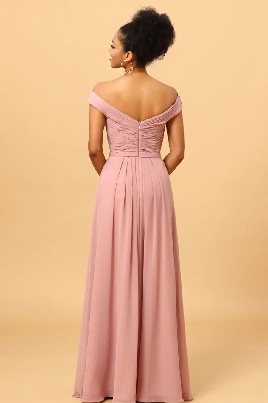 Homrain Ruffles Chiffon Pink Bridesmaid Dress With Slit | Wedding Guest Dresses