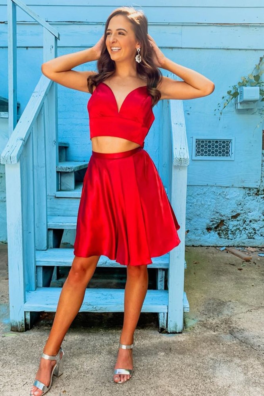 Homrain Two Piece Short Homecoming Dress With Bowknot | Red Hoco Dresses