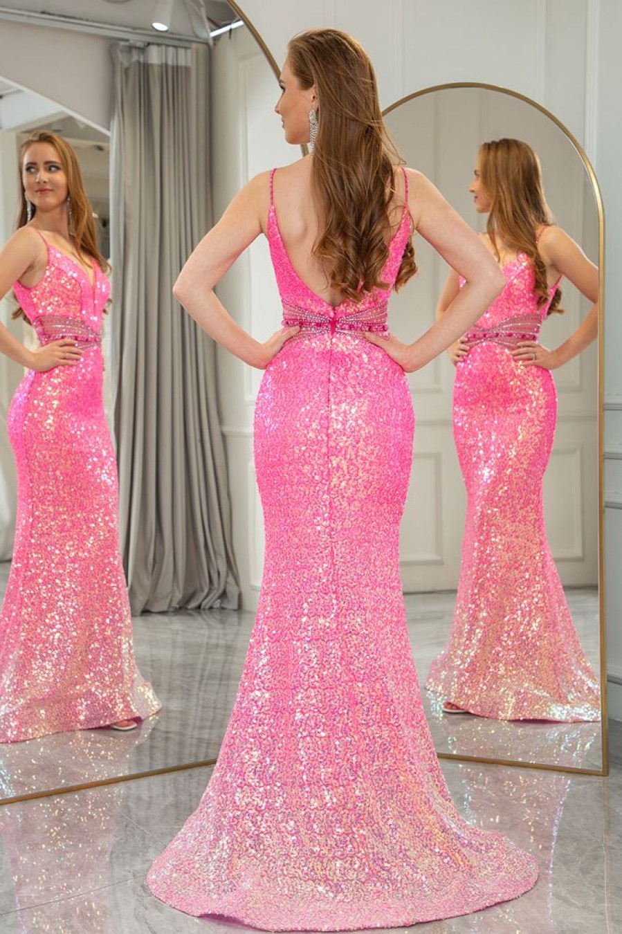 Homrain Sparkly Mermaid Backless Long Prom Dress | Hot Pink Prom Dresses