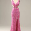 Homrain Sequined V-Neck Cut Out Prom Dress | Hot Pink Prom Dresses