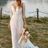 Homrain Mermaid Lace Sweep Train Boho Wedding Dress With Bowknots | Beach Wedding Dresses