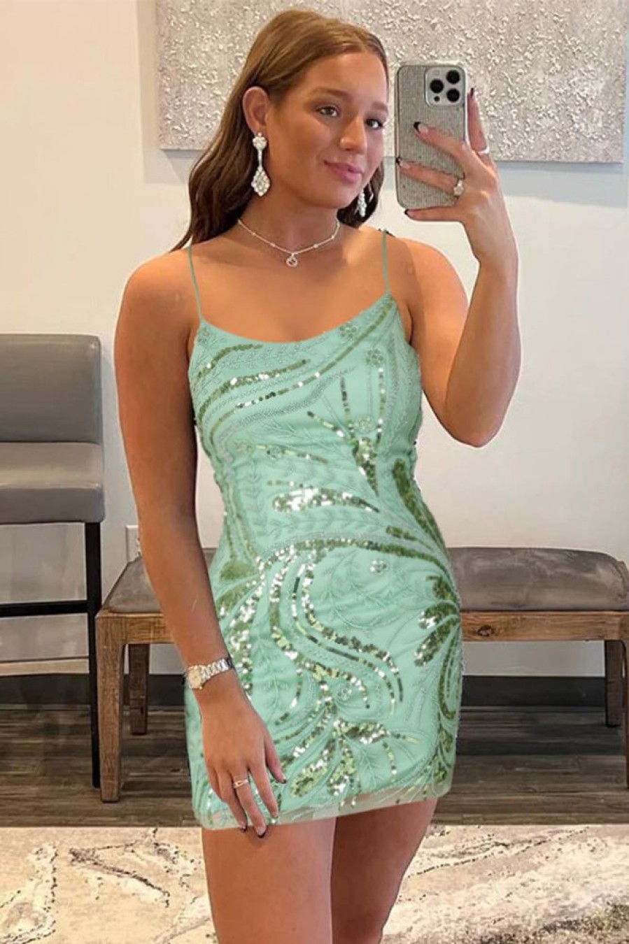 Homrain Glitter Sequins Tight Beaded Short Homecoming Dress | Green Hoco Dresses