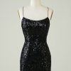 Homrain Sequins Spaghetti Straps Tight Homecoming Dress | Black Hoco Dresses