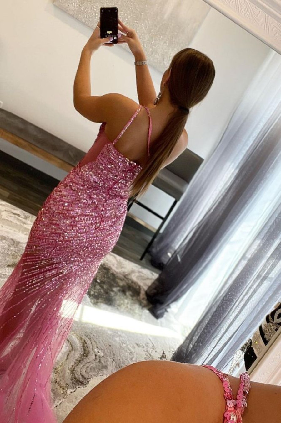 Homrain Sparkly One Shoulder Sequins Long Prom Dress With Slit | Hot Pink Prom Dresses