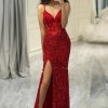 Homrain Glitter Mermaid Long Mirror Prom Dress With Slit | Red Prom Dresses