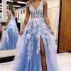 Homrain Glitter Lace A-Line Long Prom Dress With Flowers And Pockets | Blue Prom Dresses