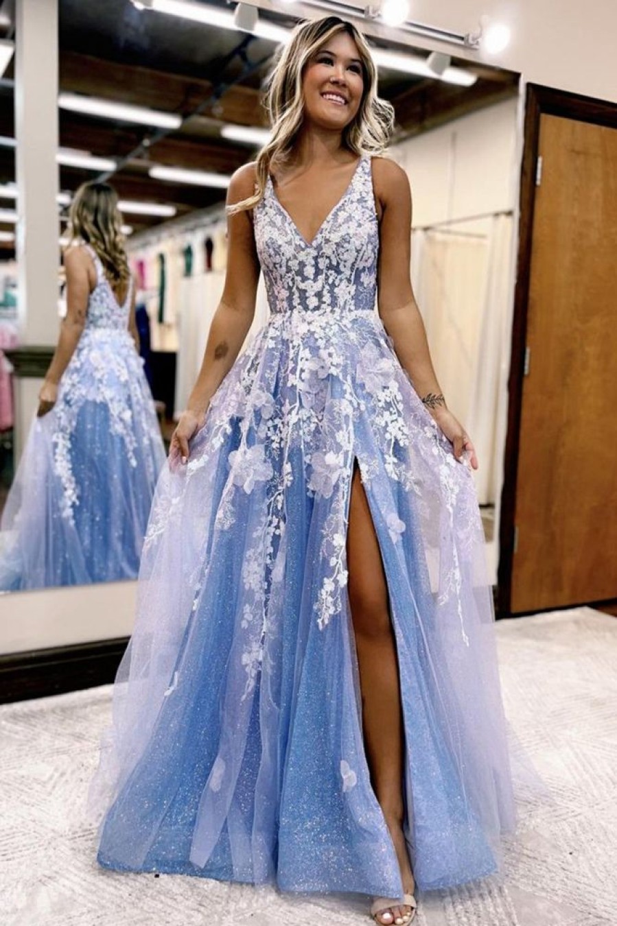 Homrain Glitter Lace A-Line Long Prom Dress With Flowers And Pockets | Blue Prom Dresses