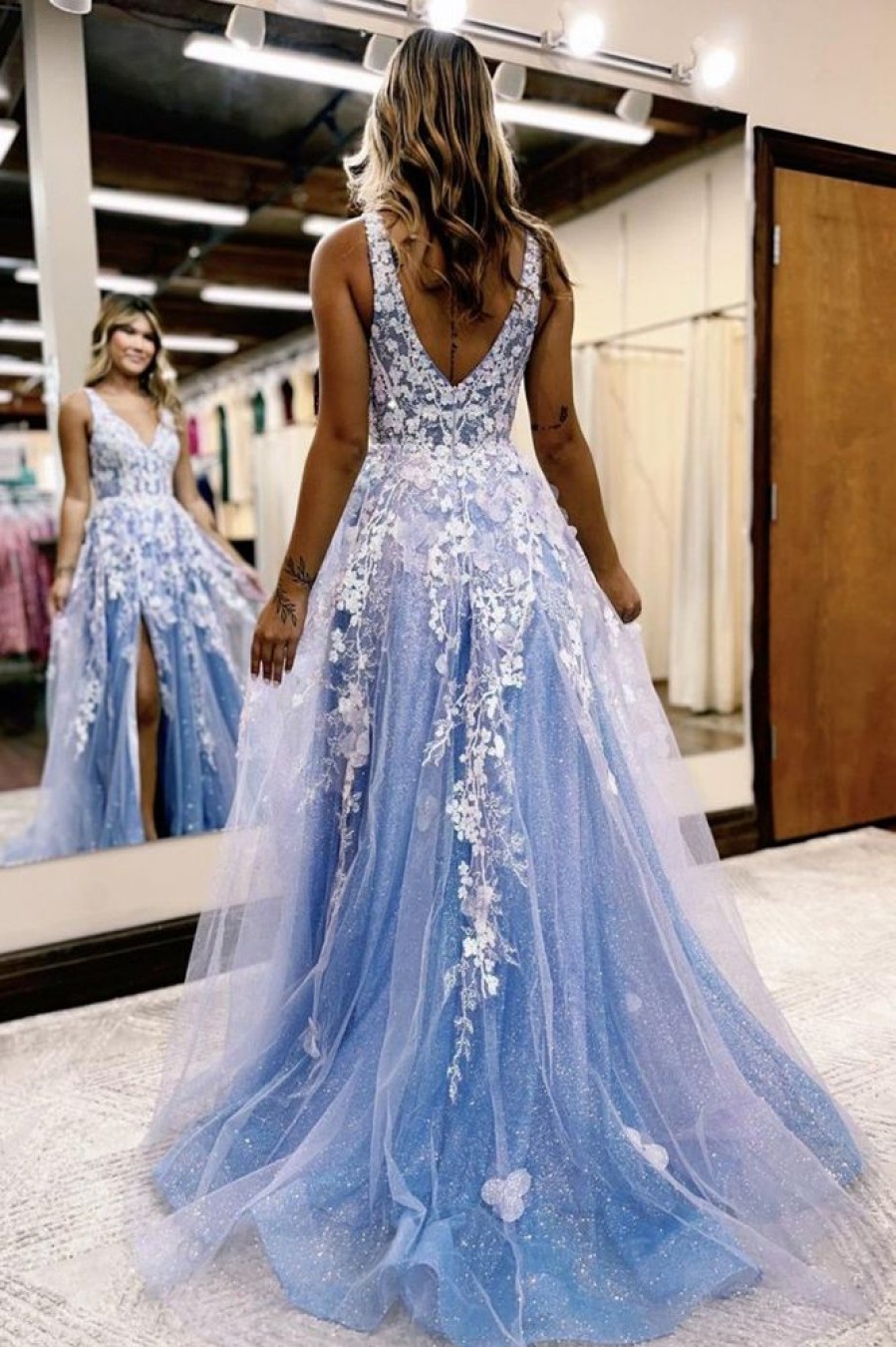 Homrain Glitter Lace A-Line Long Prom Dress With Flowers And Pockets | Blue Prom Dresses