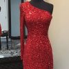 Homrain Sparkly One Shoulder Backless Sequins Fringed Tight Short Homecoming Dress | Red Hoco Dresses