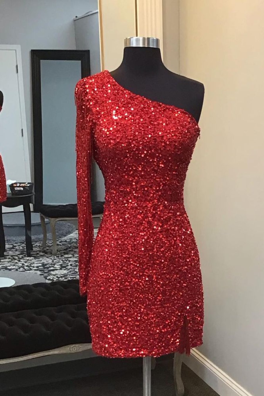 Homrain Sparkly One Shoulder Backless Sequins Fringed Tight Short Homecoming Dress | Red Hoco Dresses