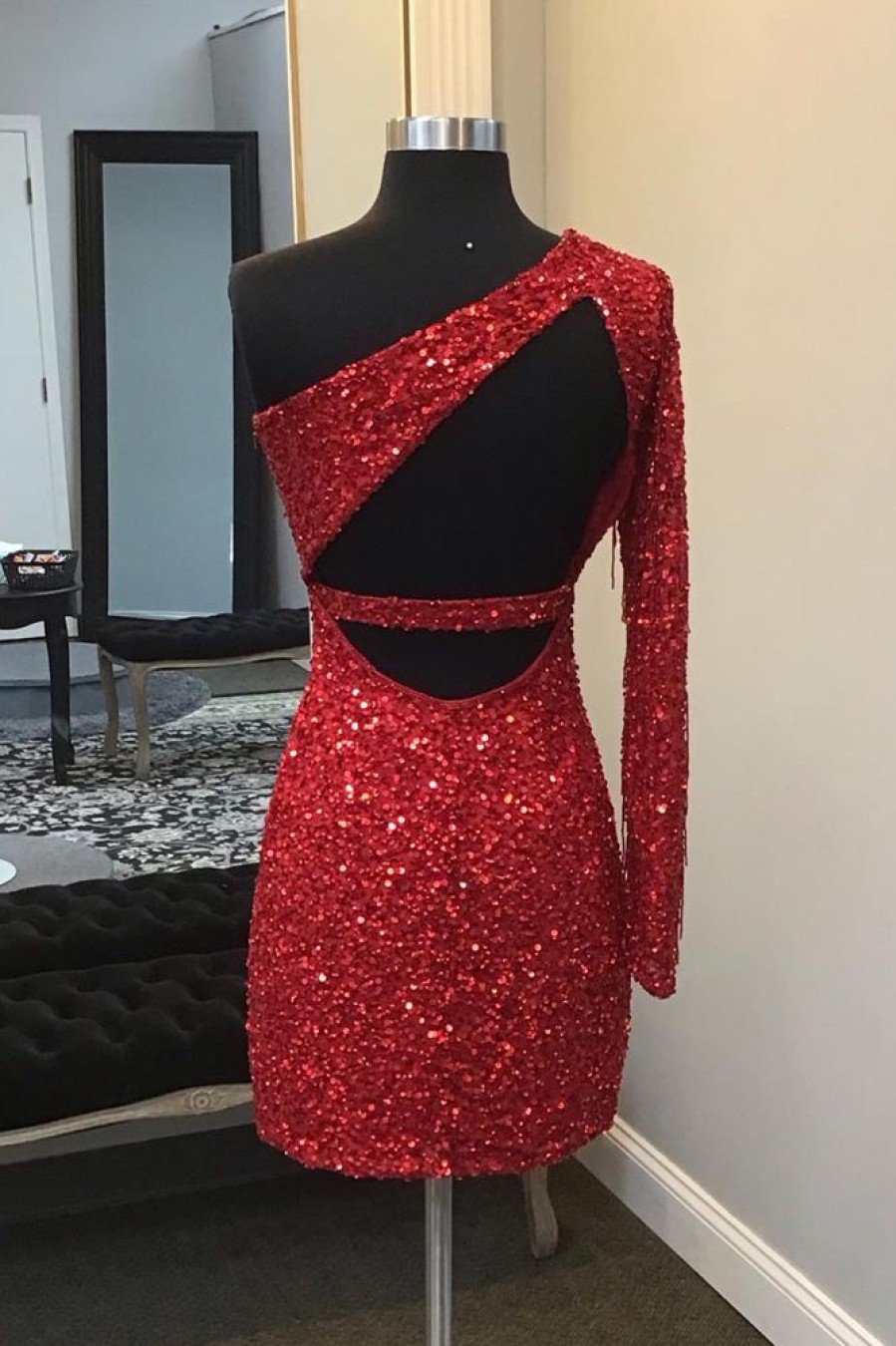 Homrain Sparkly One Shoulder Backless Sequins Fringed Tight Short Homecoming Dress | Red Hoco Dresses