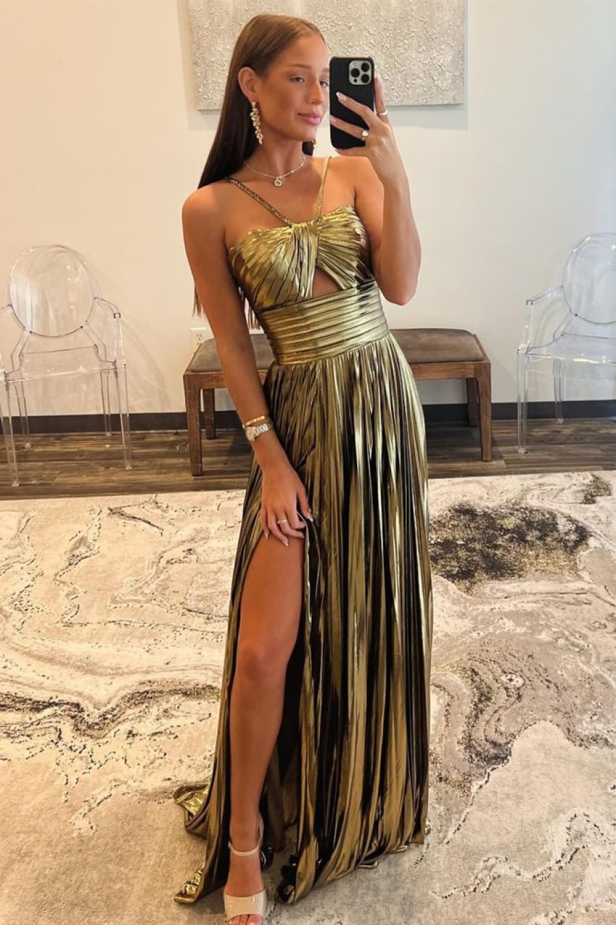 Homrain Sparkly En A Line Backless Long Prom Dress With Slit | Gold Prom Dresses