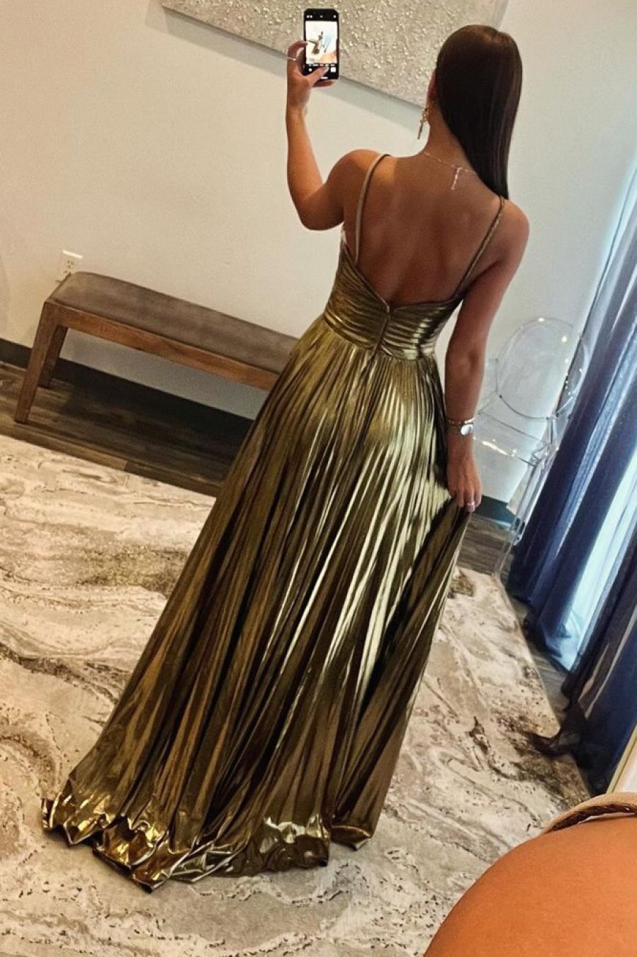 Homrain Sparkly En A Line Backless Long Prom Dress With Slit | Gold Prom Dresses