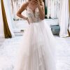 Homrain A-Line Backless Asymmetrical Tulle Long Wedding Dress With Lace | Beach Wedding Dresses