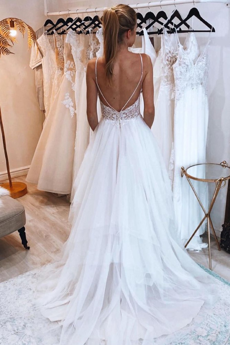 Homrain A-Line Backless Asymmetrical Tulle Long Wedding Dress With Lace | Beach Wedding Dresses