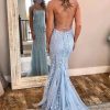 Homrain Lace Mermaid Backless Prom Dress | Blue Prom Dresses