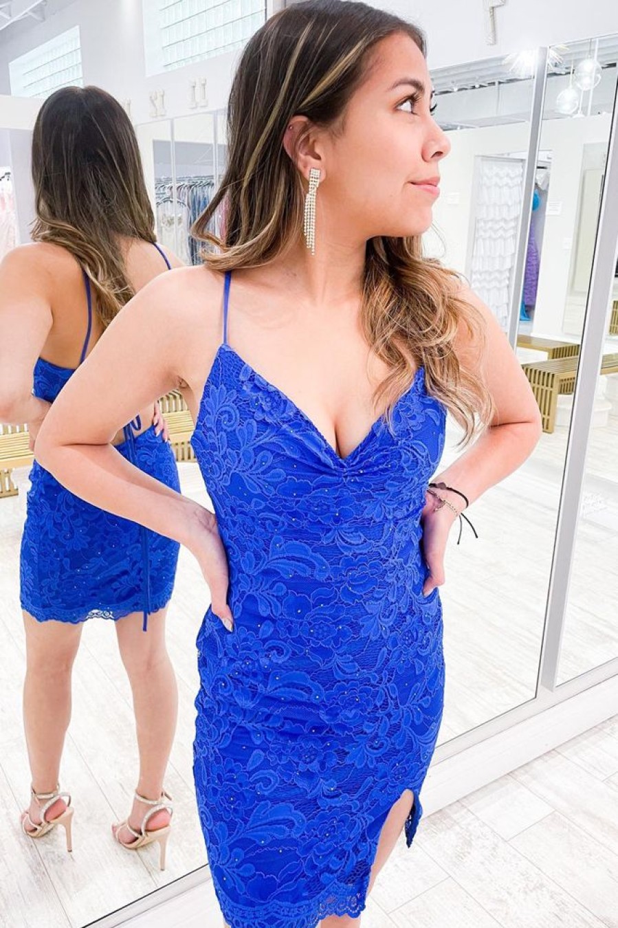 Homrain Sparkly Lace Tight Short Homecoming Dress | Blue Hoco Dresses