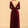 Homrain Sheath Deep V-Neck Long Sleeves Velvet Bridesmaid Dress | Burgundy Bridesmaid Dress