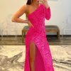 Homrain One Shoulder Sequined Prom Dress | Hot Pink Prom Dresses