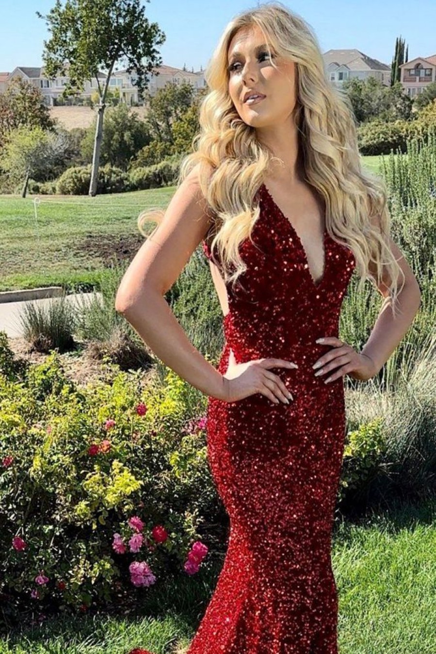 Homrain Mermaid Deep V Neck Sparkly Long Sequins Prom Dress | Red Prom Dresses