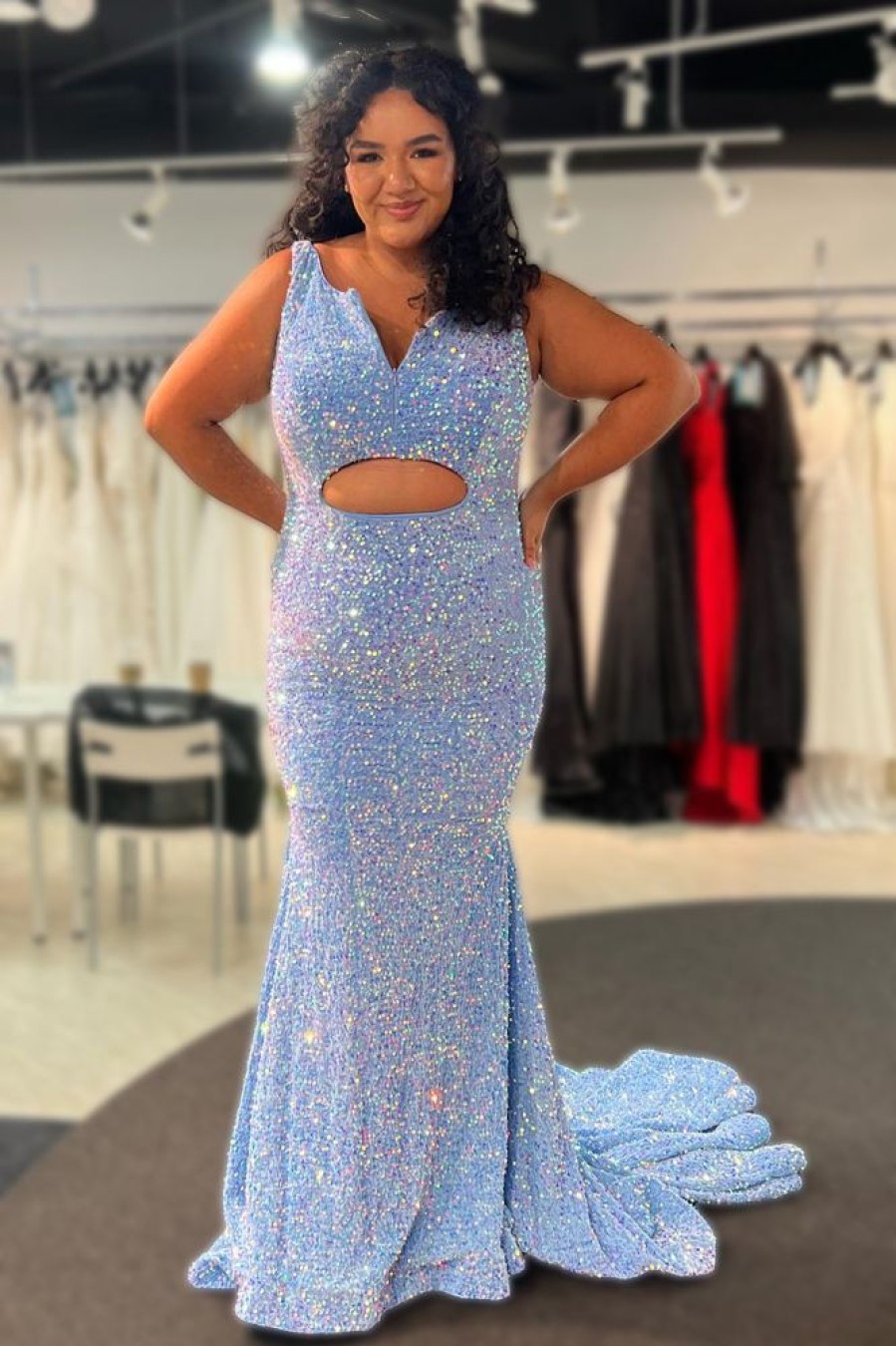 Homrain Plus Size Sparkly Mermaid Sequins Long Prom Dress | Blue Prom Dresses