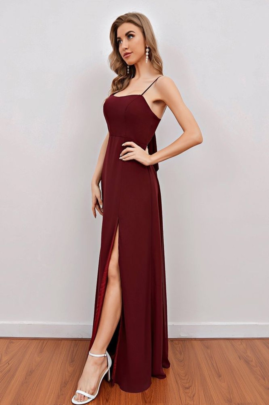 Homrain Spaghetti Straps Long Bridesmaid Dress With Split | Boho Bridesmaid Dresses