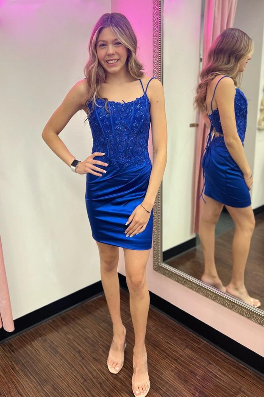 Homrain Glitter Corset Spaghetti Straps Tight Short Homecoming Dress With Lace | Blue Hoco Dresses