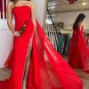 Homrain Mermaid Strapless Long Prom Dress With Slit | Red Prom Dresses