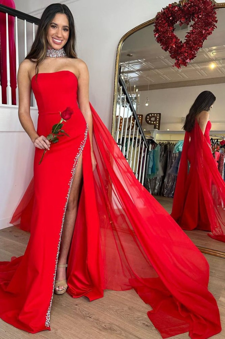 Homrain Mermaid Strapless Long Prom Dress With Slit | Red Prom Dresses